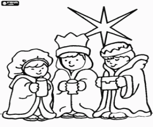 για ζωγραφική Τρία παιδιά ντυμένα με τις τρεις Kings από την Ανατολή με το αστέρι της Βηθλεέμ